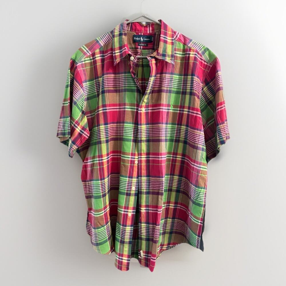 Ralph Lauren Size XL Blake 100% Cotton Mens Green Plaid Short Sleeve Button Shir